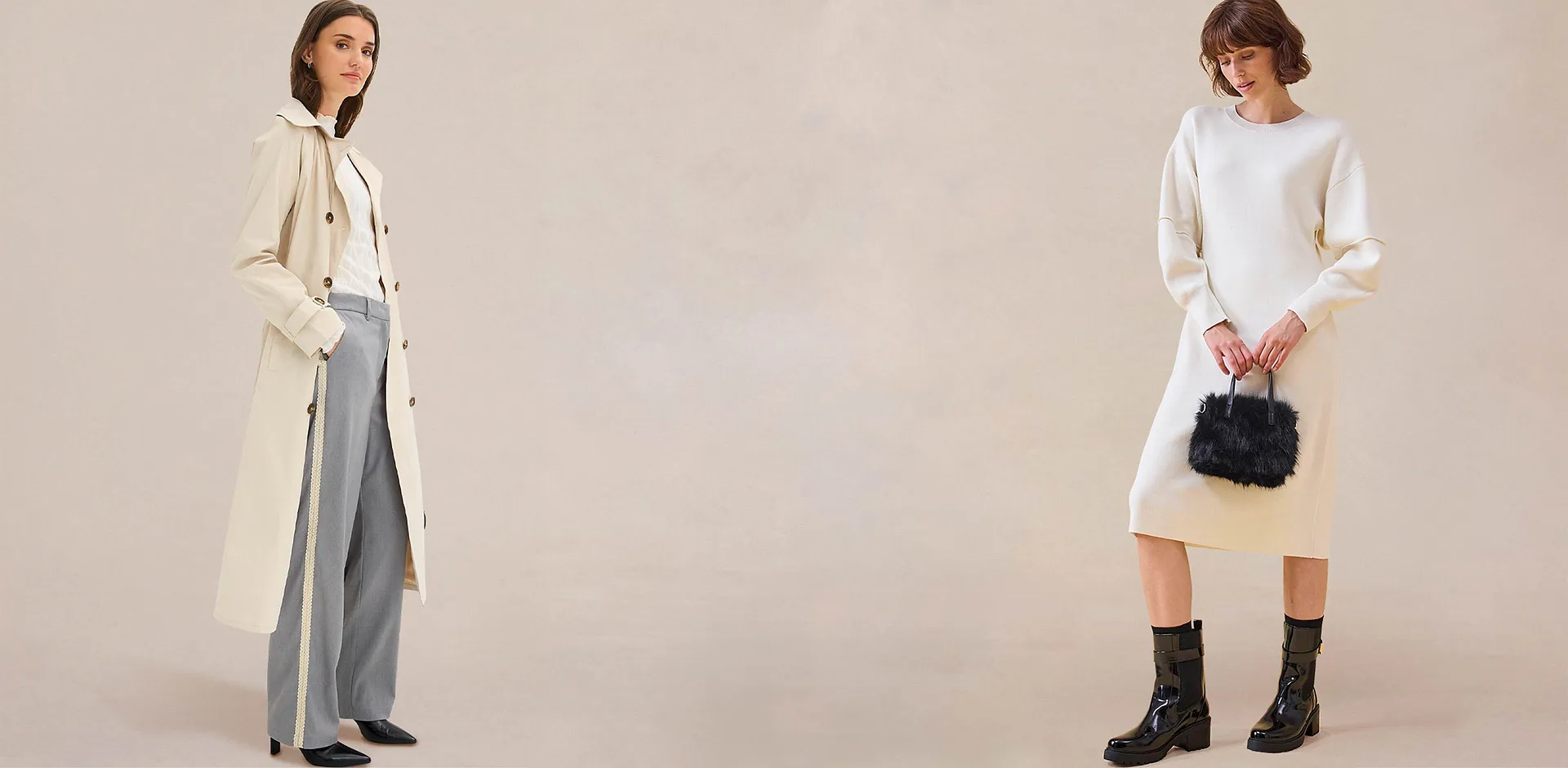 Eleganta ullvita stickade kläder: polotröja och vida byxor.