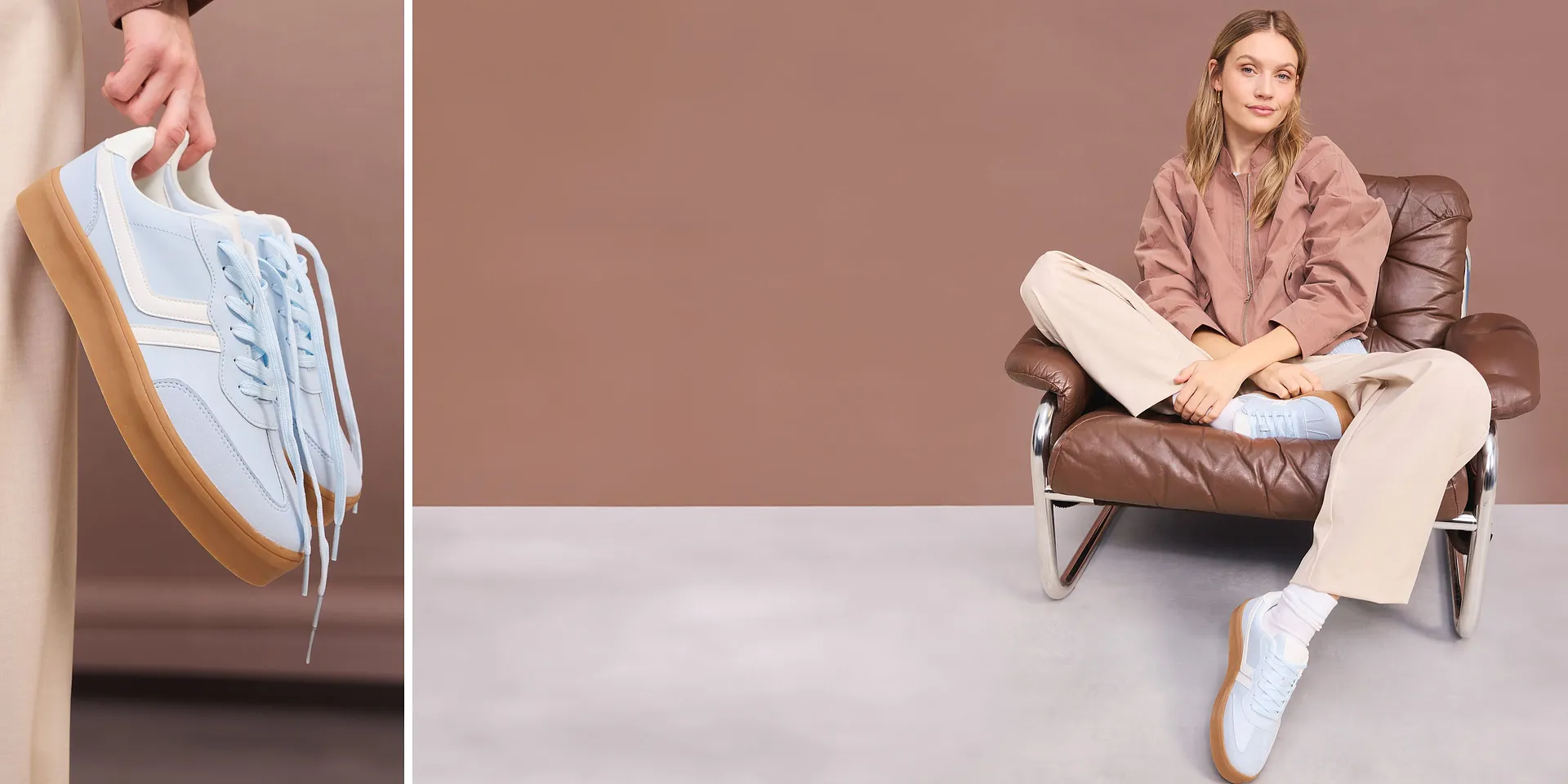 En brun jacka kombinerat med beiga byxor och ljusblå sneakers.