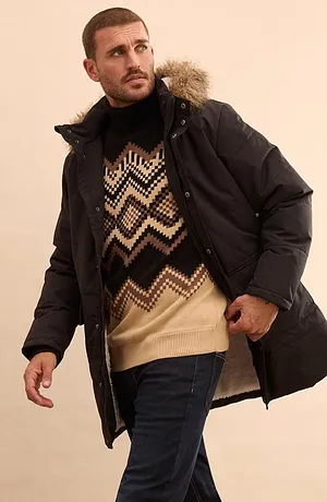 Herr - Lång täckjacka med teddyfoder och avtagbar huva - svart