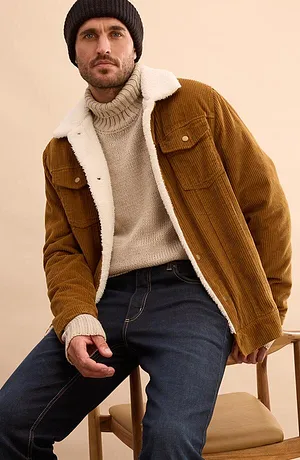 Herr - Manchesterjacka med teddyfoder - konjaksbrun