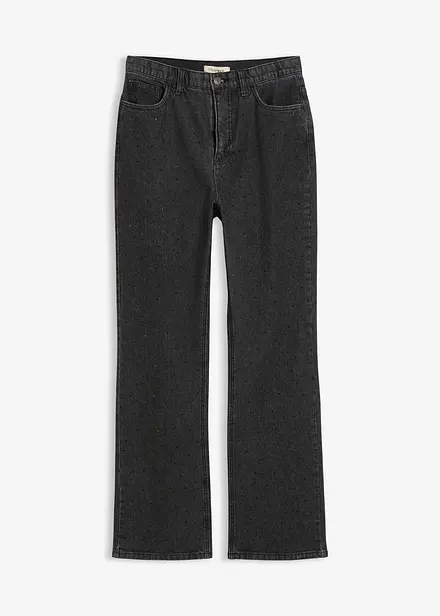 Loose Straight Jeans High Waist, med bekväm midja och strass