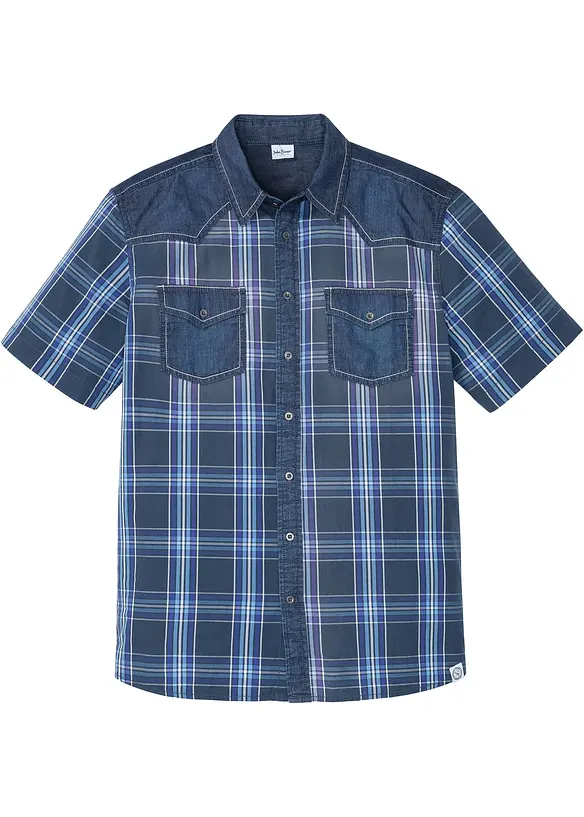 Kortärmad skjorta med denimbesättning, bonprix