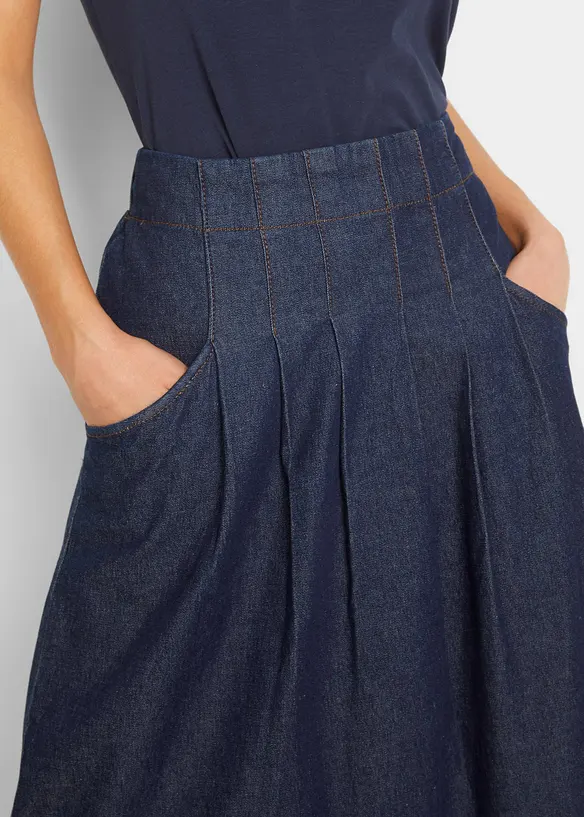 Stretchig jeanskjol med stråveck, knytband och bekväm midja, bonprix