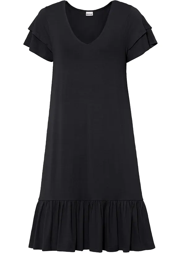 Jerseyklänning med volang i viskosmix, bonprix