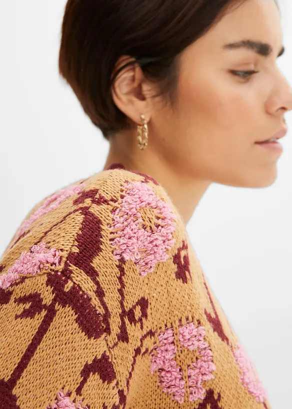 Grovstickad cardigan i blommigt, bonprix