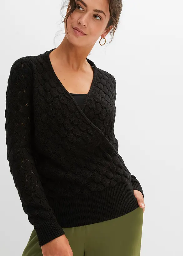 Hålmönstrad tröja med omlottlook, bonprix