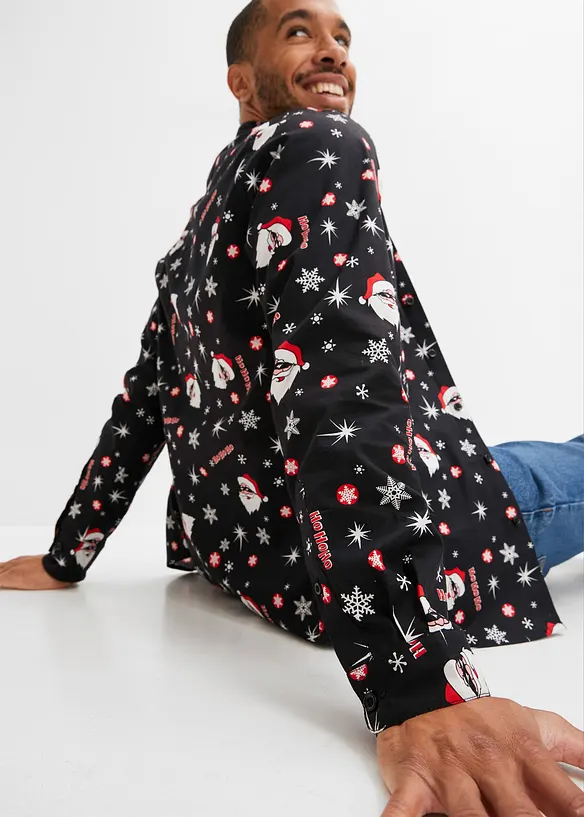 Långärmad skjorta med julmönster, av ren bomull, smal passform, bonprix