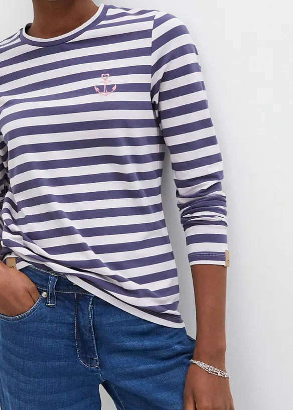 Randig långärmad T-shirt med broderi, bonprix