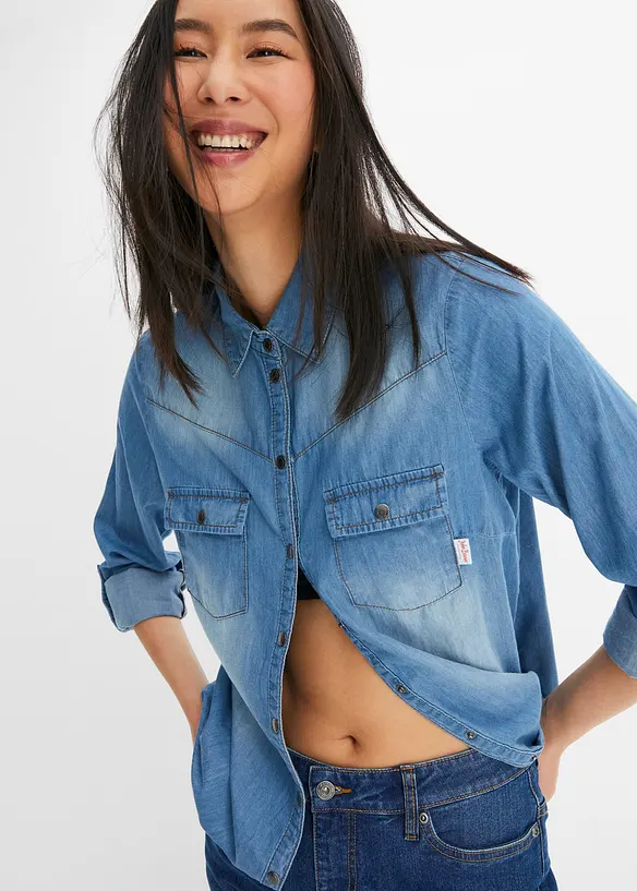 Jeansblus med tryckknappar, långärmad, bonprix
