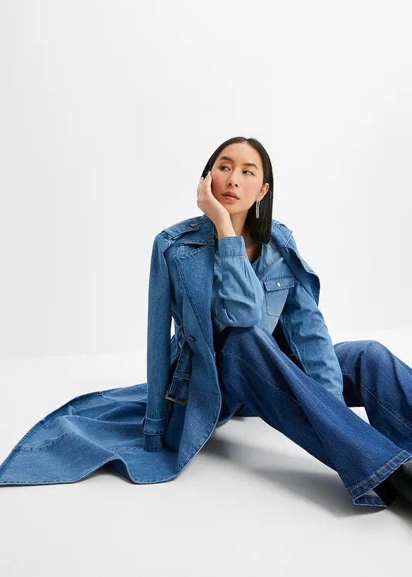 Jeansblus med tryckknappar, långärmad, bonprix