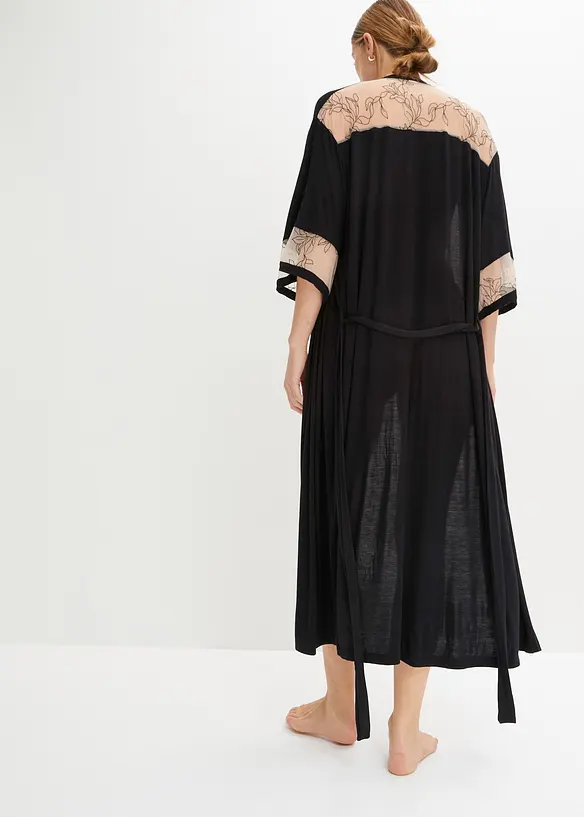 Lång viskoskimono med broderi, bonprix