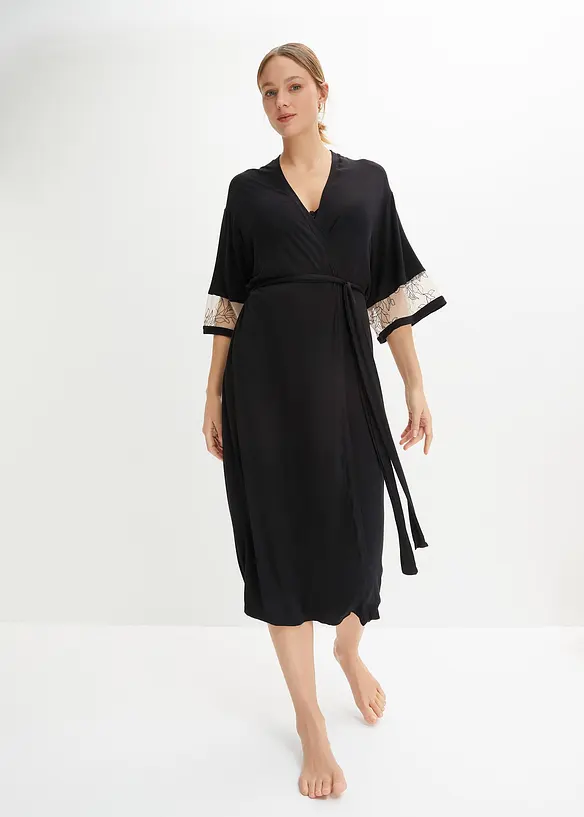 Lång viskoskimono med broderi, bonprix