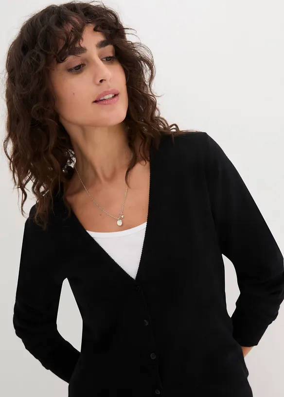 Finstickad cardigan i basmodell med knappslå, bonprix