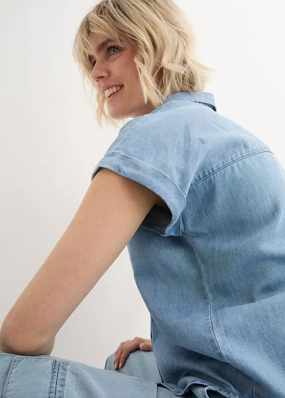 Kortärmad jeansblus med linneandel, bonprix