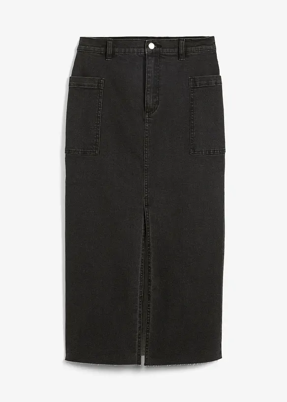 Mellanlång jeanskjol med slits, bonprix