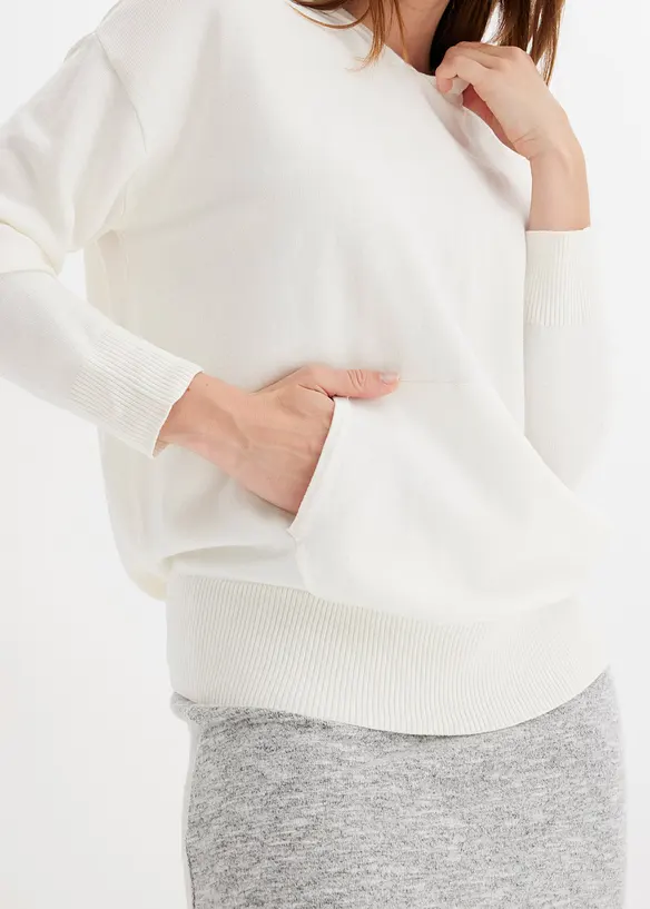 Stickad hoodie med känguruficka i viskosmix, bonprix