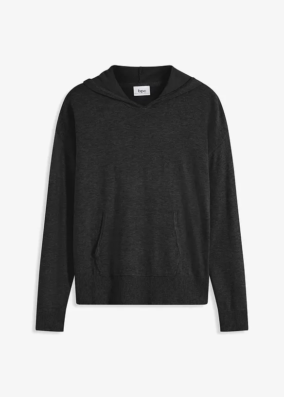 Stickad hoodie med känguruficka i viskosmix, bonprix