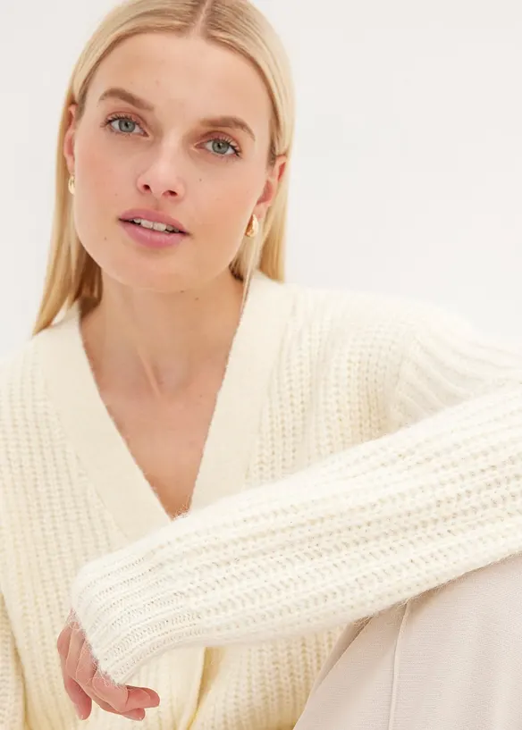 Stickad cardigan med ylleandel, bonprix