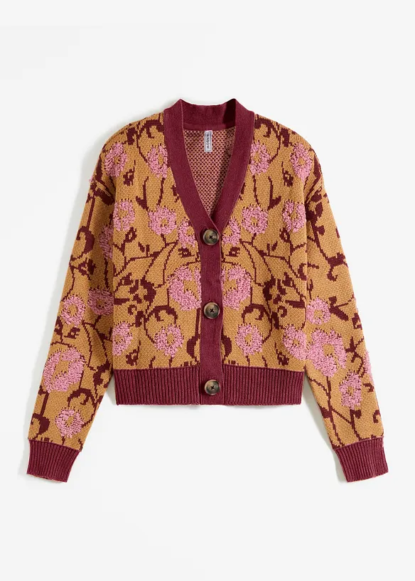 Grovstickad cardigan i blommigt, bonprix