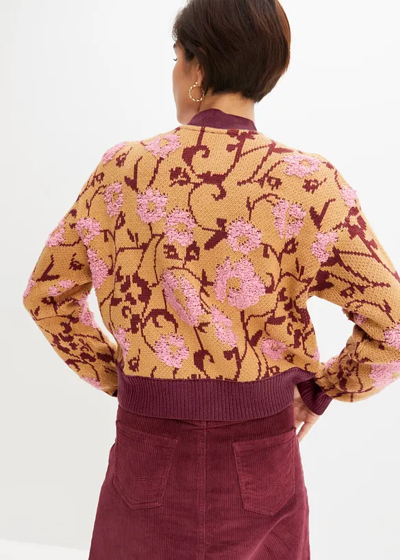 Grovstickad cardigan i blommigt, bonprix
