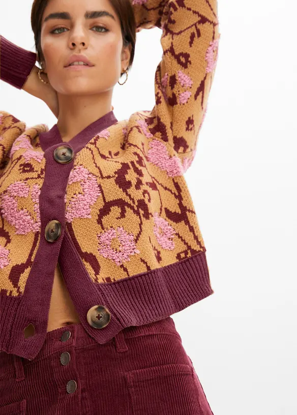 Grovstickad cardigan i blommigt, bonprix
