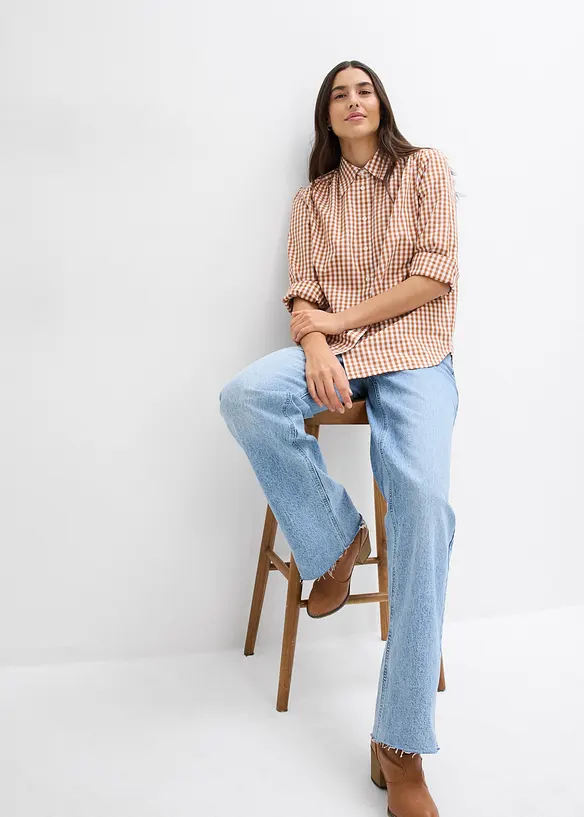 Rutig oversized blus med puffärmar, bonprix