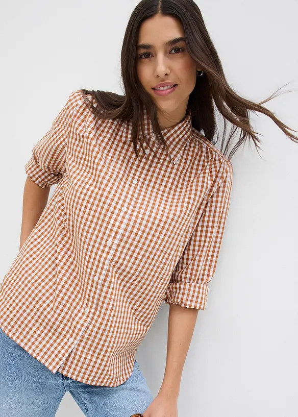 Rutig oversized blus med puffärmar, bonprix