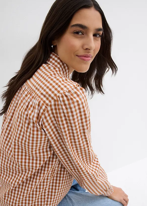 Rutig oversized blus med puffärmar, bonprix