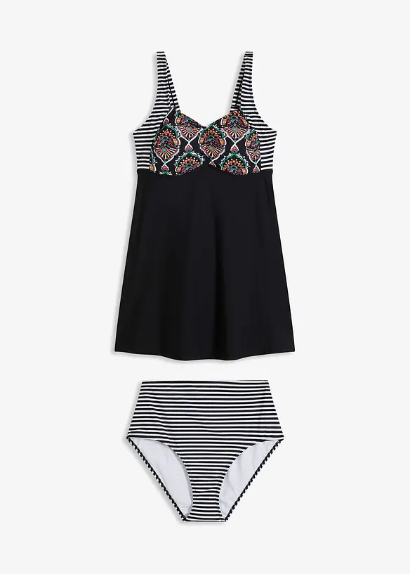 Lång tankini (2 delar) med bikinibyxa med hög midja, bonprix