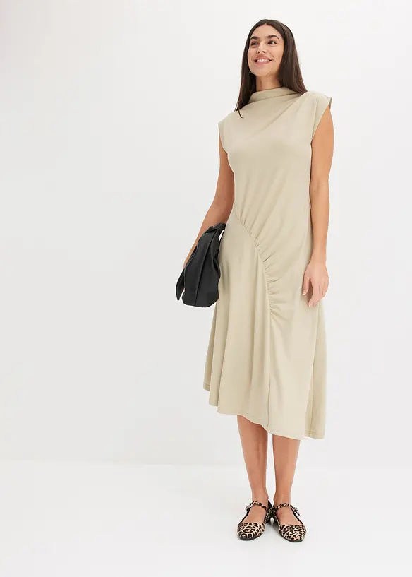 Midiklänning med drapering och asymmetrisk nederkant, bonprix