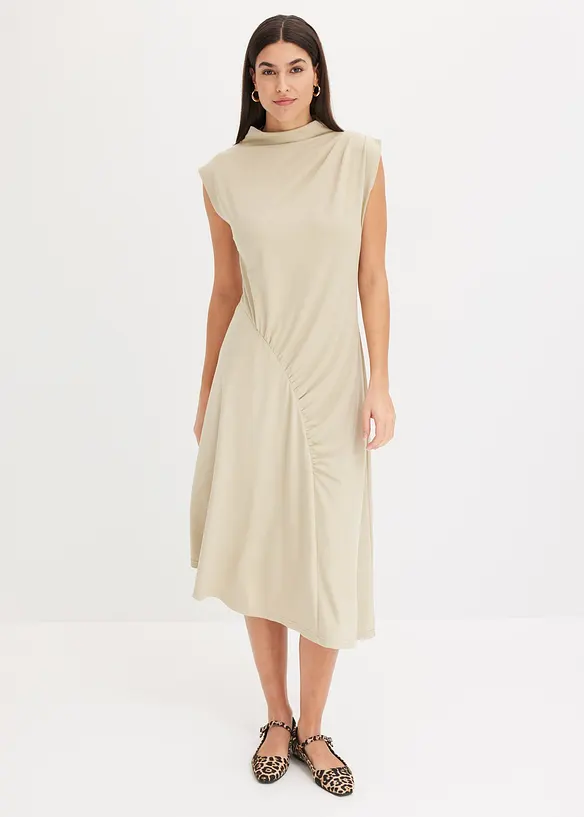 Midiklänning med drapering och asymmetrisk nederkant, bonprix