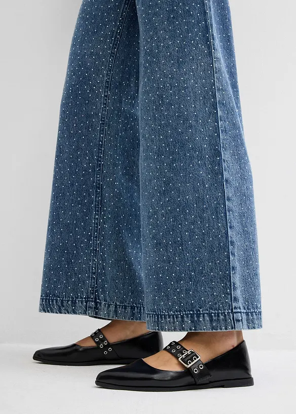 Wide Leg Jeans Mid Waist, med strass, bonprix
