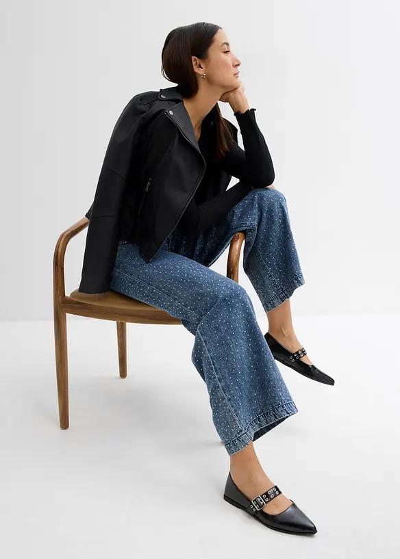 Wide Leg Jeans Mid Waist, med strass, bonprix
