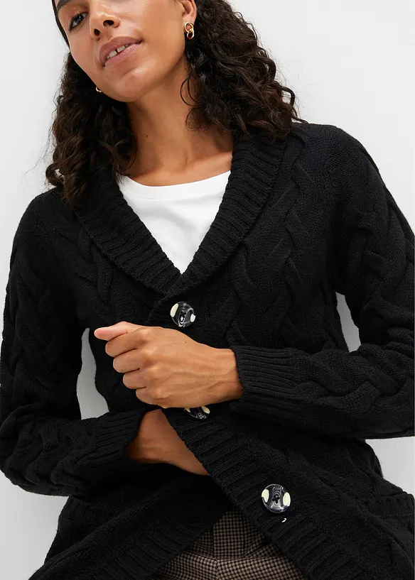 Cardigan med sjalkrage och flätstickning, bonprix