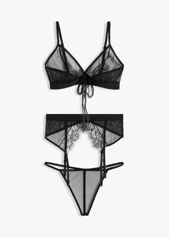 Bralette + stringtrosa + strumpebandshållare (3 delar), bonprix