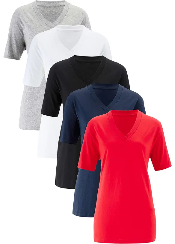 Vid lång topp med V-ringning (5-pack), kortärmad, bonprix