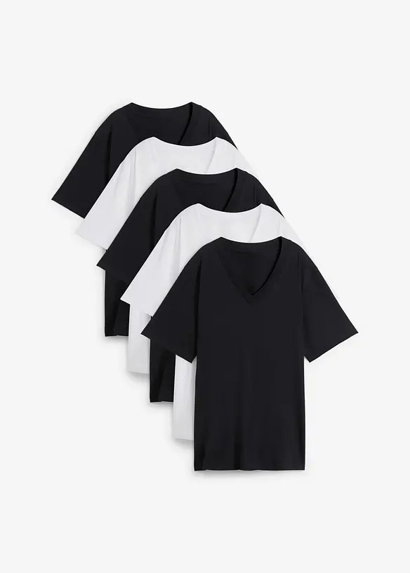 Vid lång topp med V-ringning (5-pack), kortärmad, bonprix