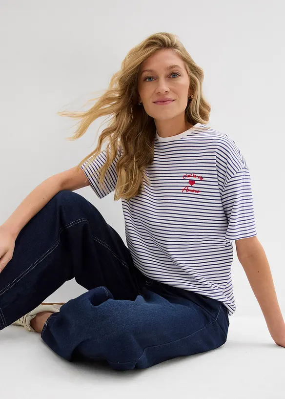 Randig T-shirt med broderi, bonprix