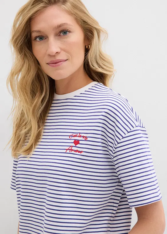 Randig T-shirt med broderi, bonprix