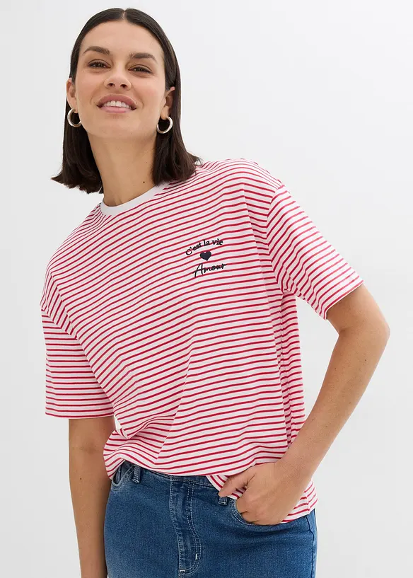 Randig T-shirt med broderi, bonprix