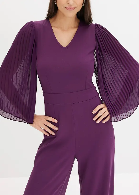 Jerseyjumpsuit med plisserade ärmar i fin chiffong, bonprix