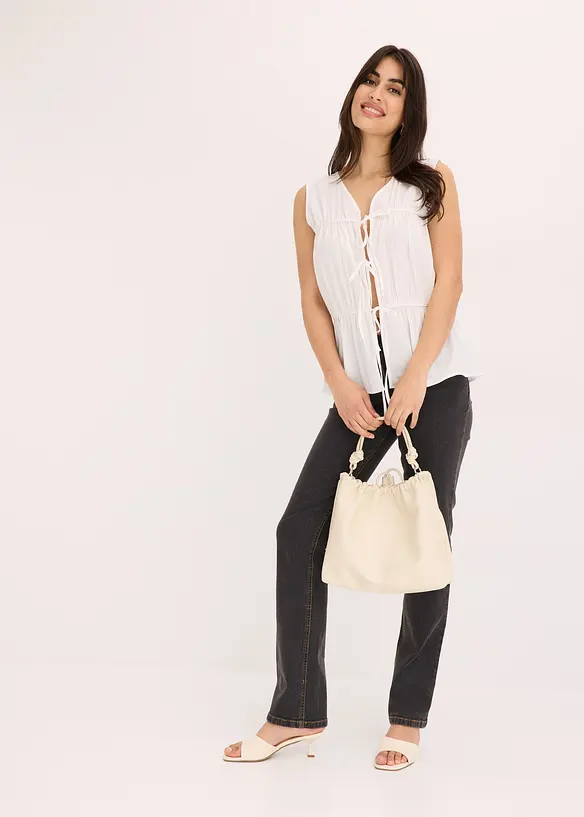 Ärmlös blus med volanger och knytband, bonprix