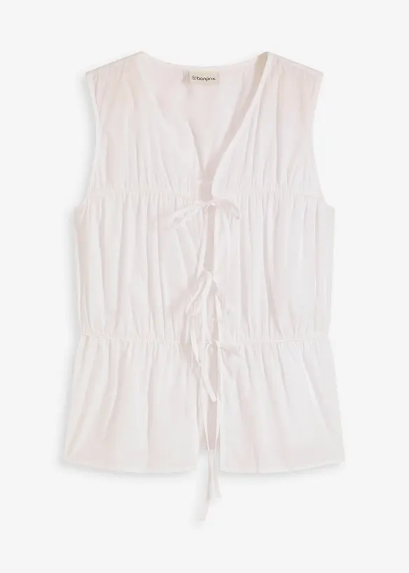 Ärmlös blus med volanger och knytband, bonprix