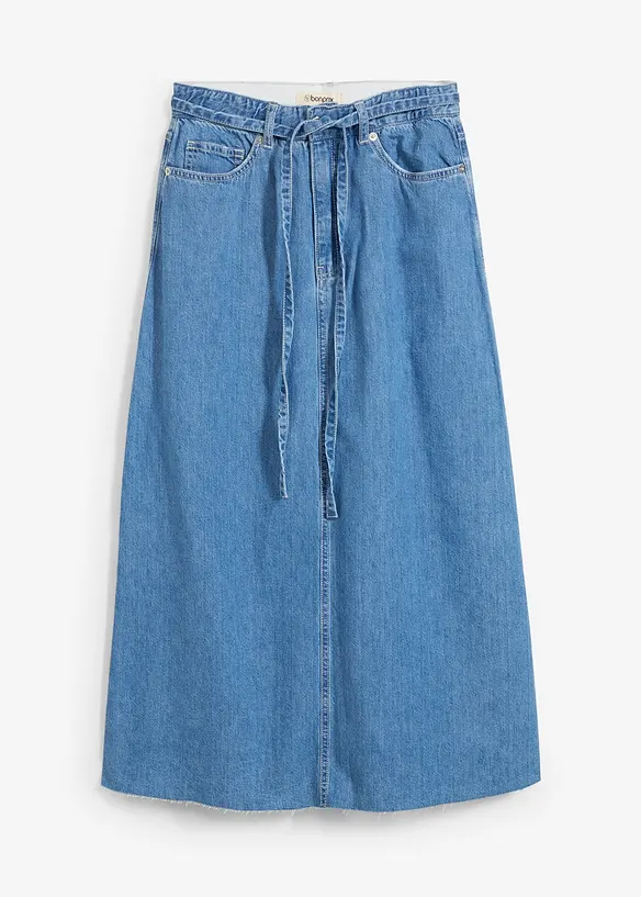 Mellanlång jeanskjol Mid Waist, Super Soft, bonprix