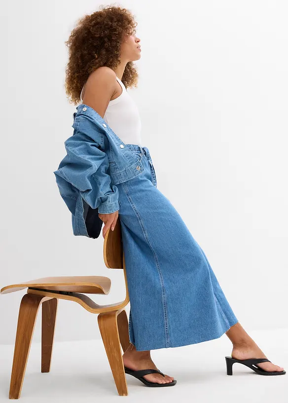 Mellanlång jeanskjol Mid Waist, Super Soft, bonprix