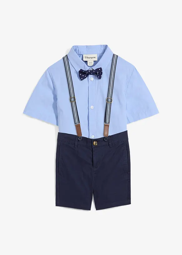 Kortärmad skjorta, bermudas i chinosmodell, hängslen och fluga för barn (4 delar), bonprix