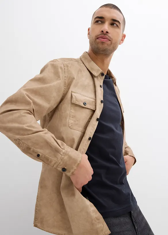 Långärmad bomullsskjorta med tvättad look, bonprix