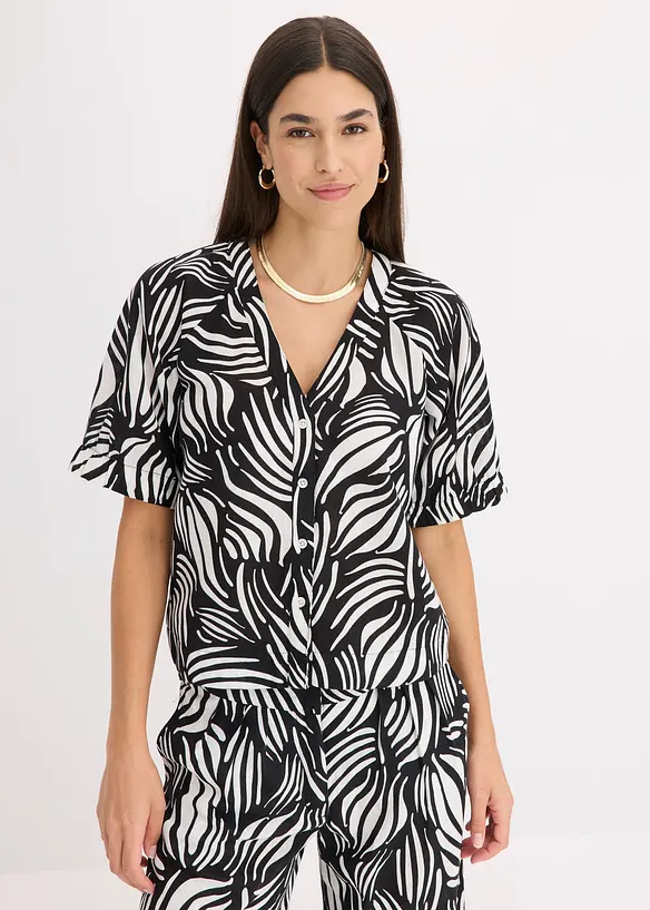 Kortärmad blus med linnelook, bonprix