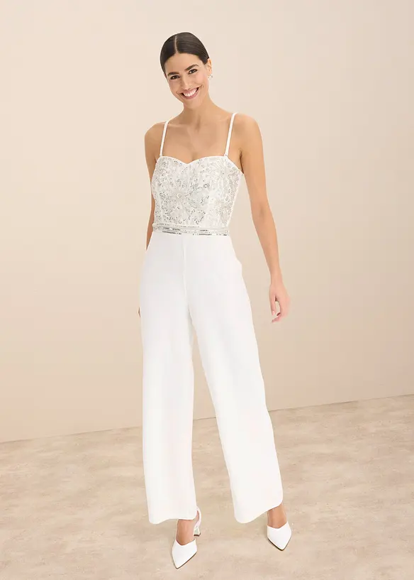 Brudjumpsuit i kräpp med struktur och med pärlbroderi, bonprix