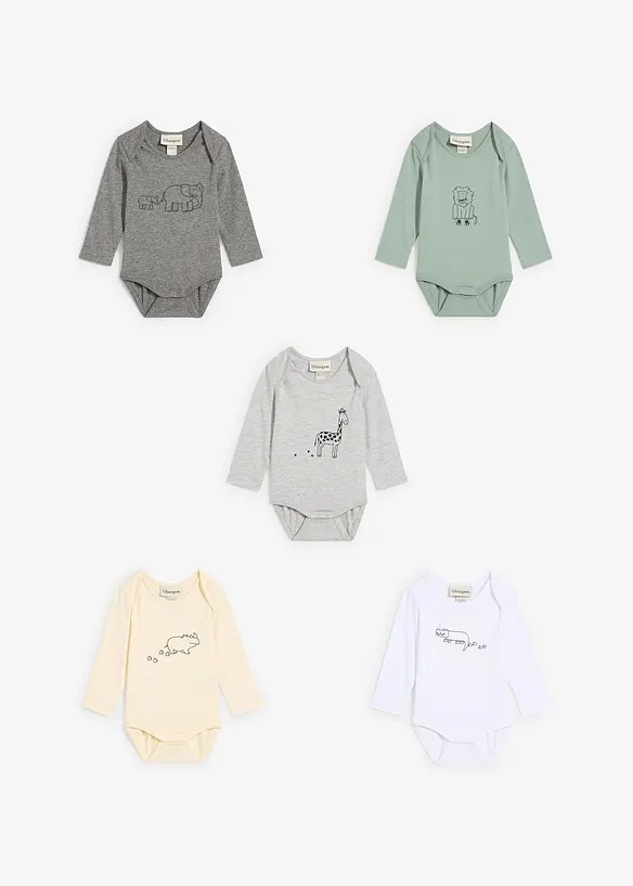 Långärmad babybody (5-pack), ekologisk bomull, bonprix